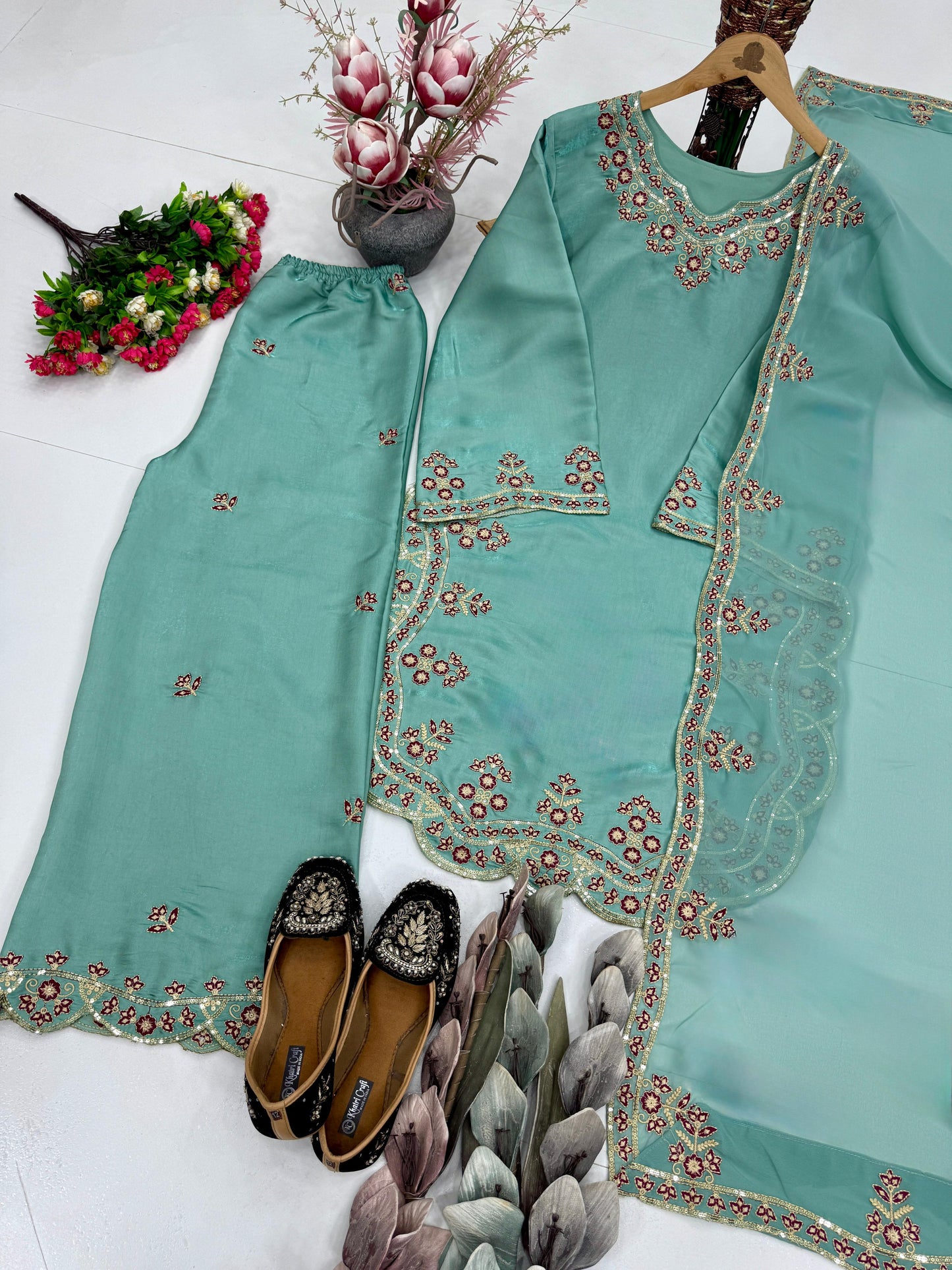 MINT GREEN HEAVY EMBROIDERY SEQUENCE WORK SUIT IN GERMANY