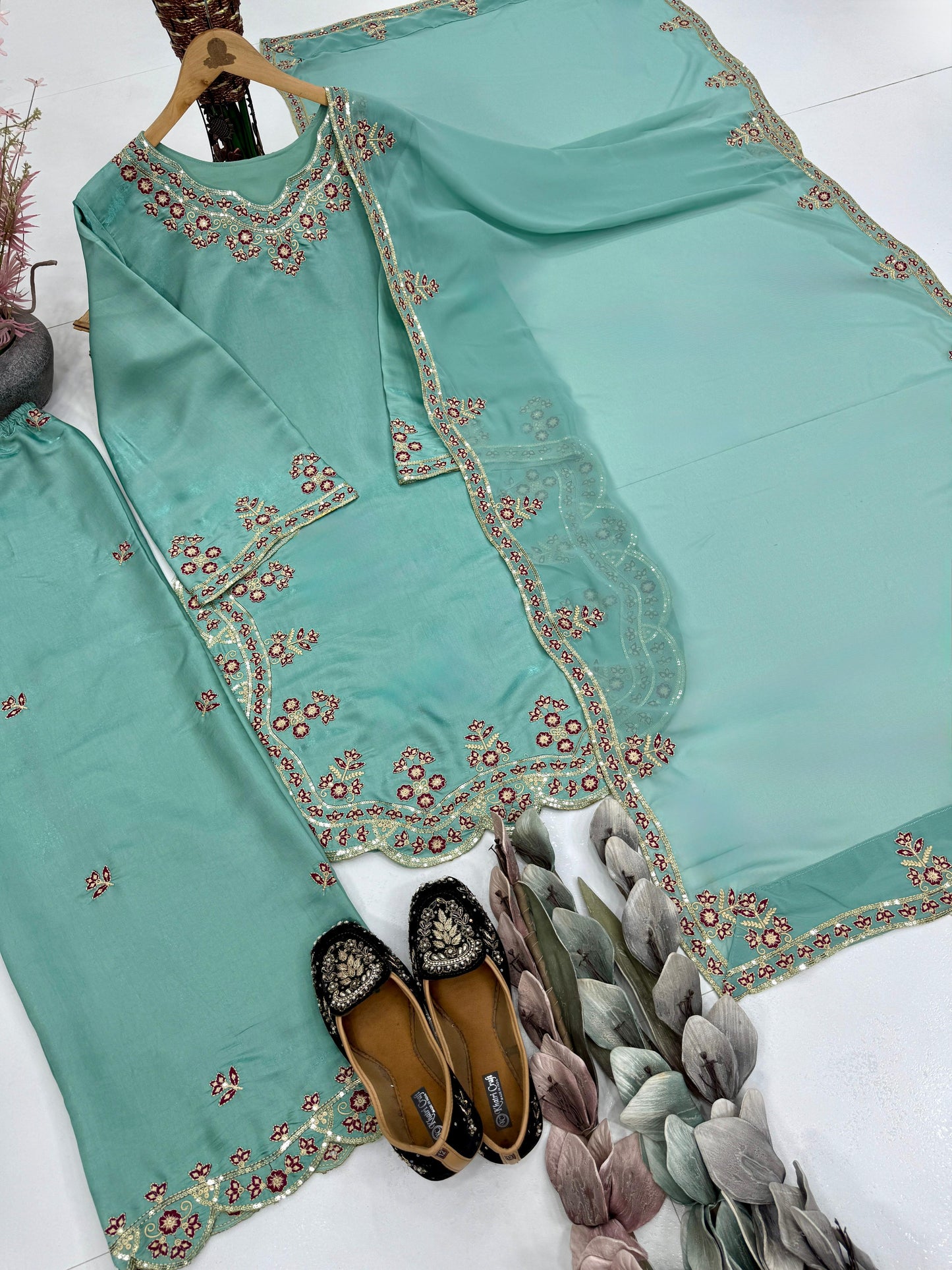 MINT GREEN HEAVY EMBROIDERY SEQUENCE WORK SUIT IN GERMANY