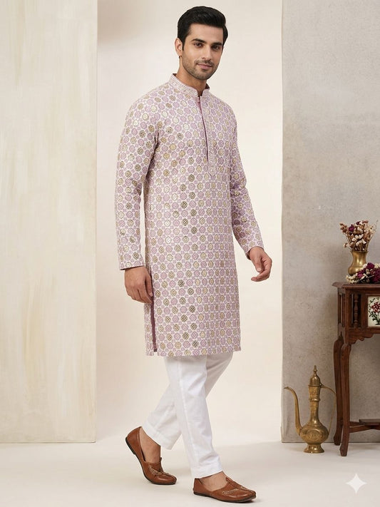 PURPLE MENS CHIKENKARI HEAVY RAYON KURTA IN GERMANY