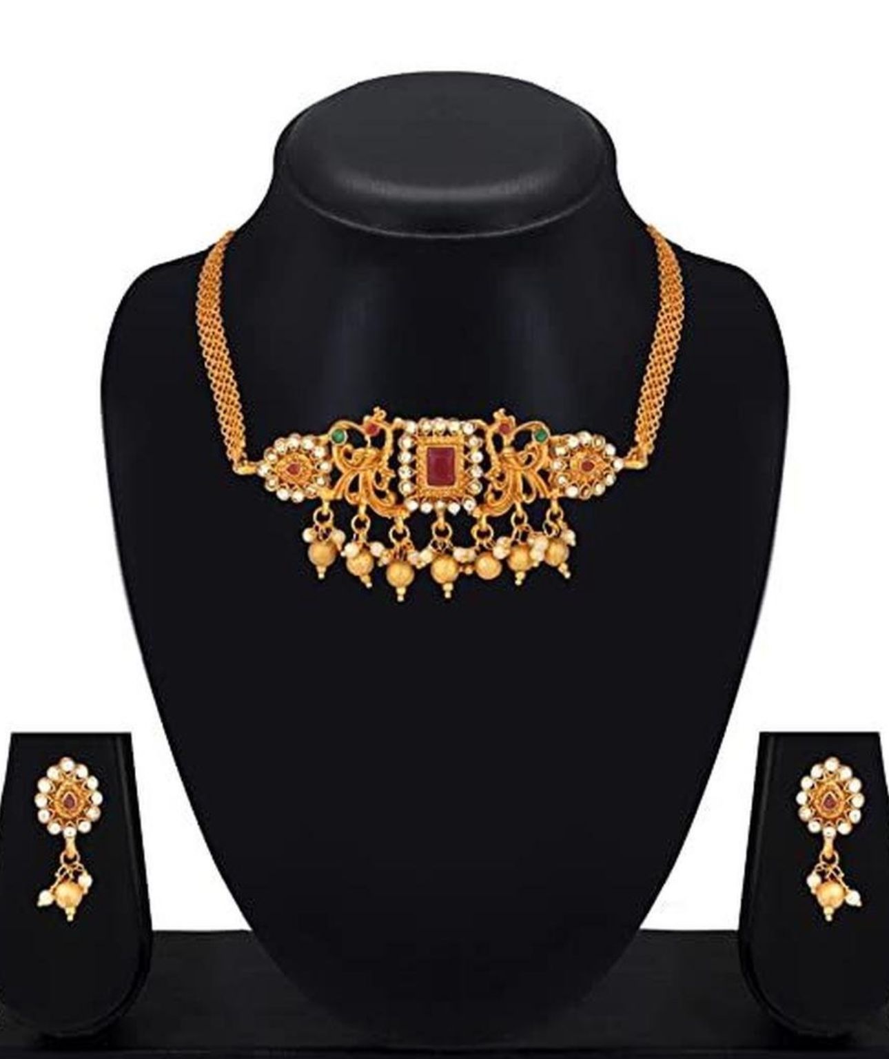 Ruby Red Beaded Gold-Toned Necklace Set with Intricate Pendant & Earrings in Germany