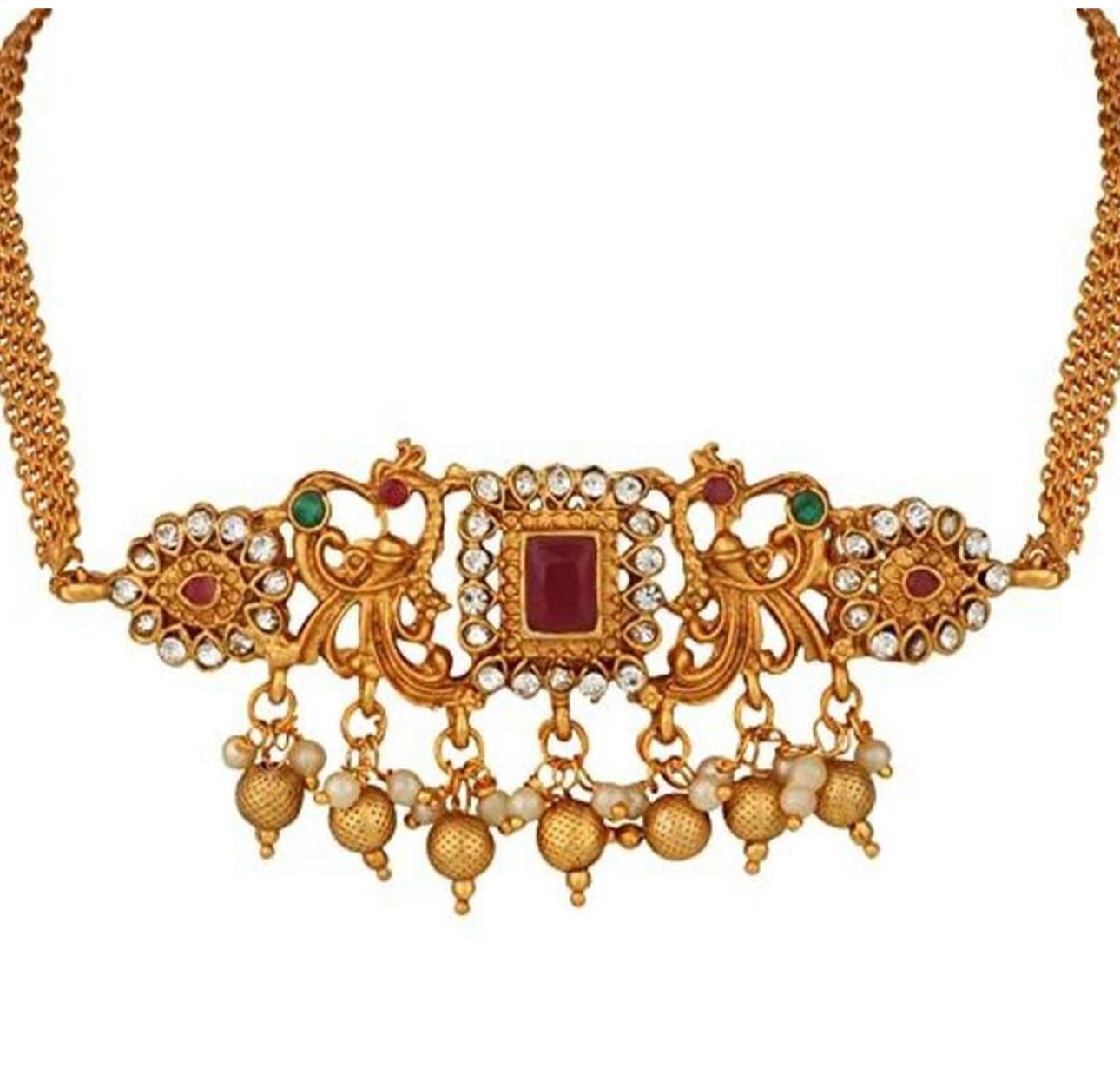 Ruby Red Beaded Gold-Toned Necklace Set with Intricate Pendant & Earrings in Germany