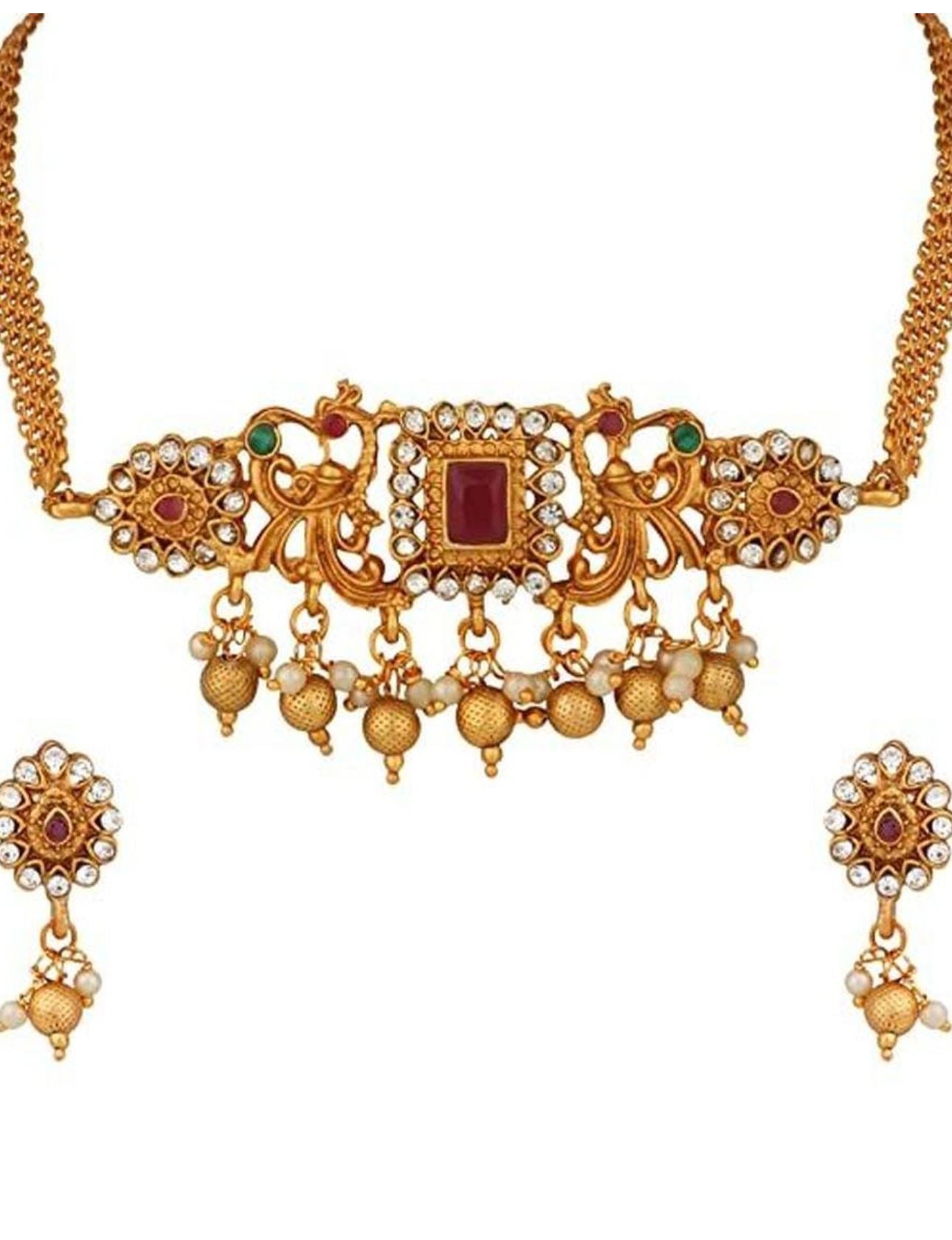 Ruby Red Beaded Gold-Toned Necklace Set with Intricate Pendant & Earrings in Germany