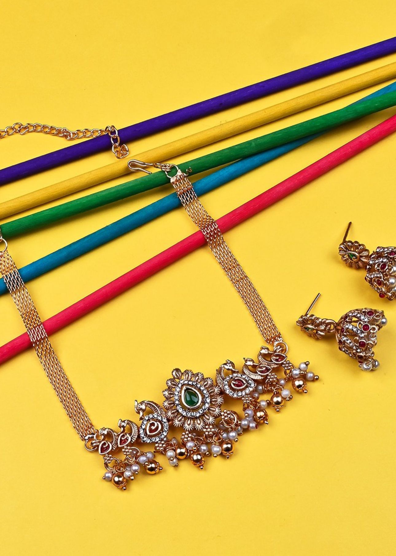Gold-Plated Stone-Studded & Beaded Temple Jewellery Set in Germany