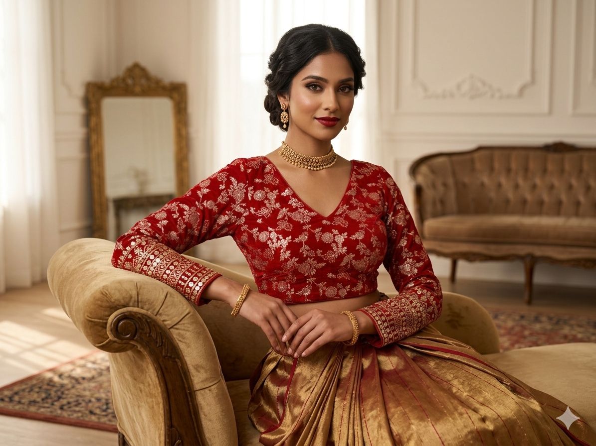 Red Readymade blouse with embroidery in Germany