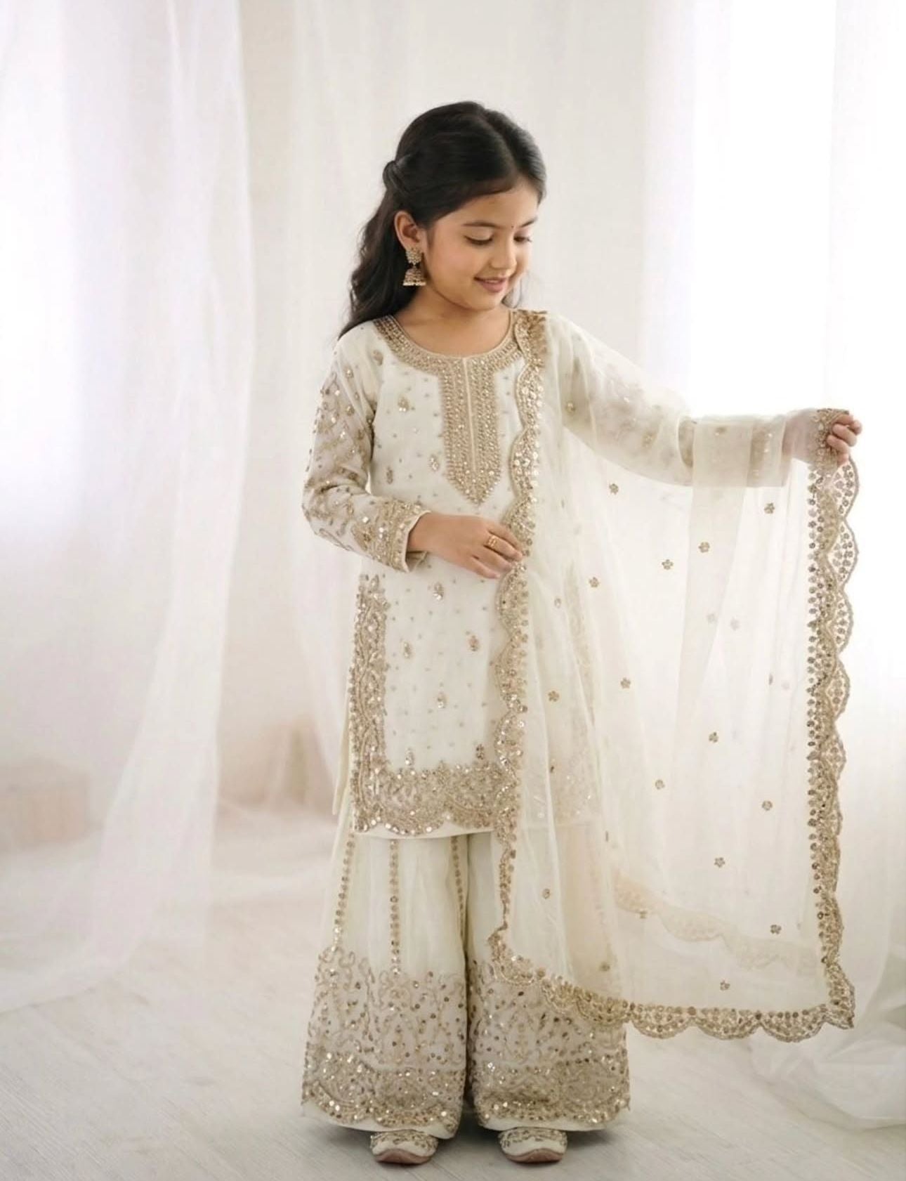 White Embroidered Work Salwar Suit For Kid in Germany