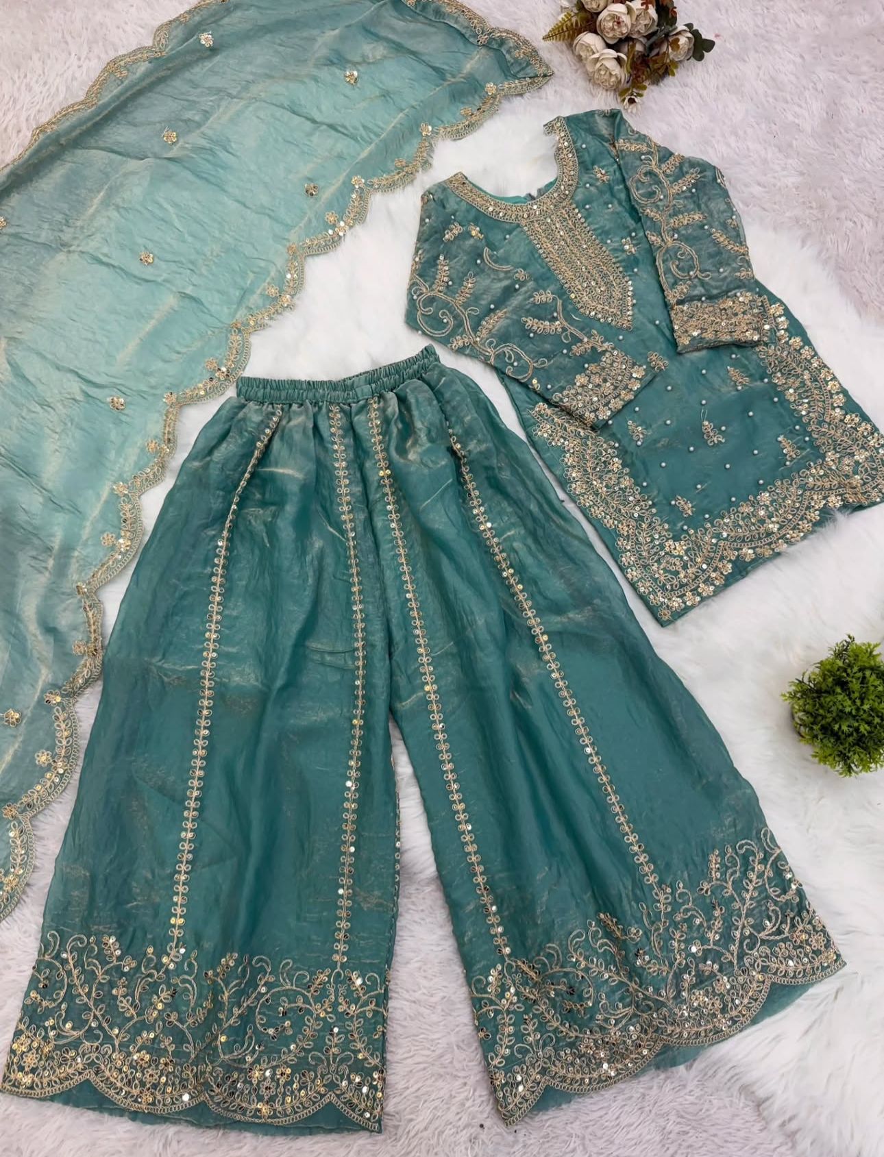 Teal Blue Embroidered Work Salwar Suit For Kid in Germany