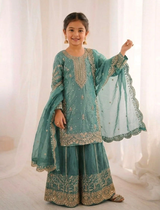 Teal Blue Embroidered Work Salwar Suit For Kid in Germany
