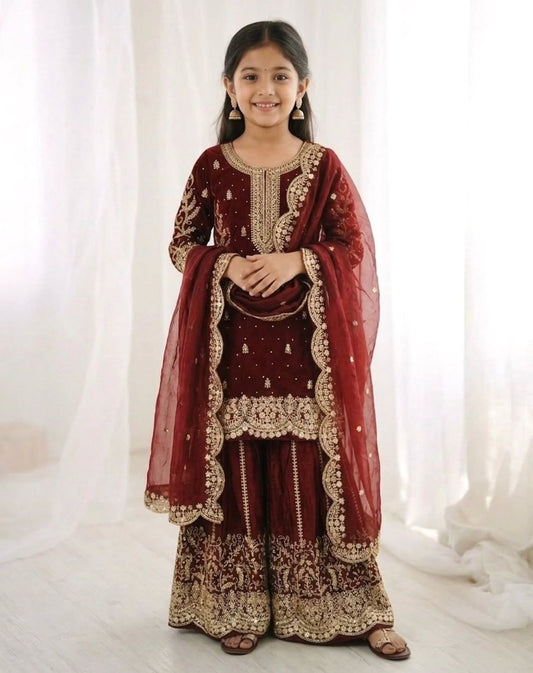 Maroon Embroidered Work Salwar Suit For Kid in Germany