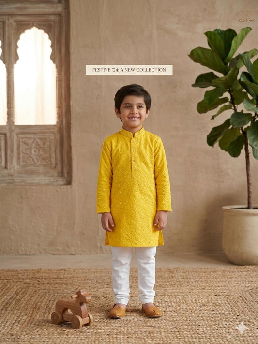 Yellow Boys Kurta Pajama Sequin Print Embroidery Mirror Work In Germany