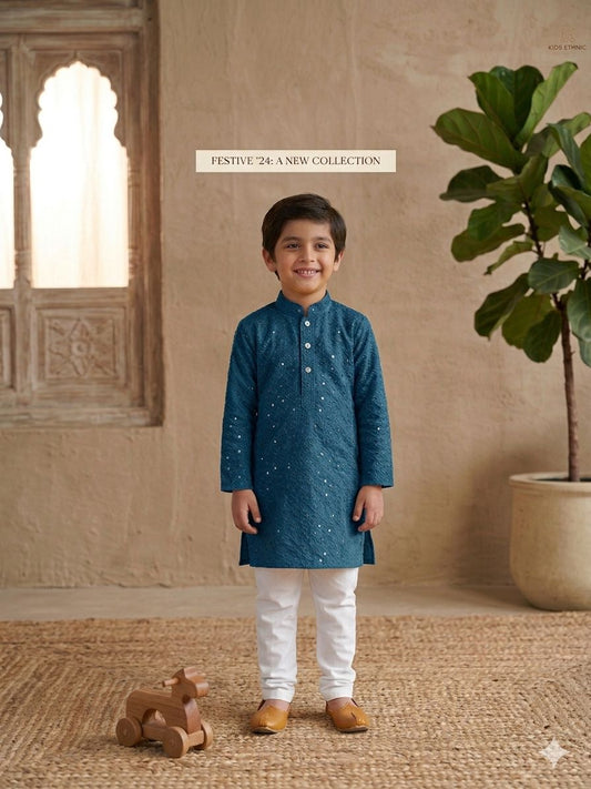 Blue Boys Kurta Pajama Sequin Print Embroidery Mirror Work In Germany