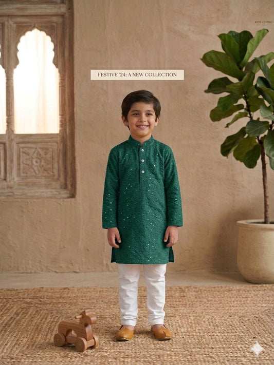 Dark Green Boys Kurta Pajama Sequin Print Embroidery Mirror Work In Germany