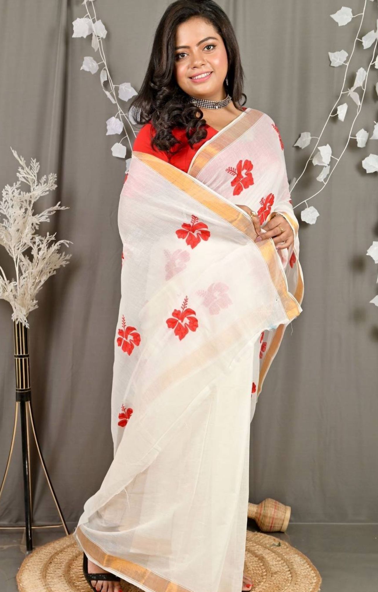 Floral Pure Cotton Kasavu Saree in Germany(Onam Saree)