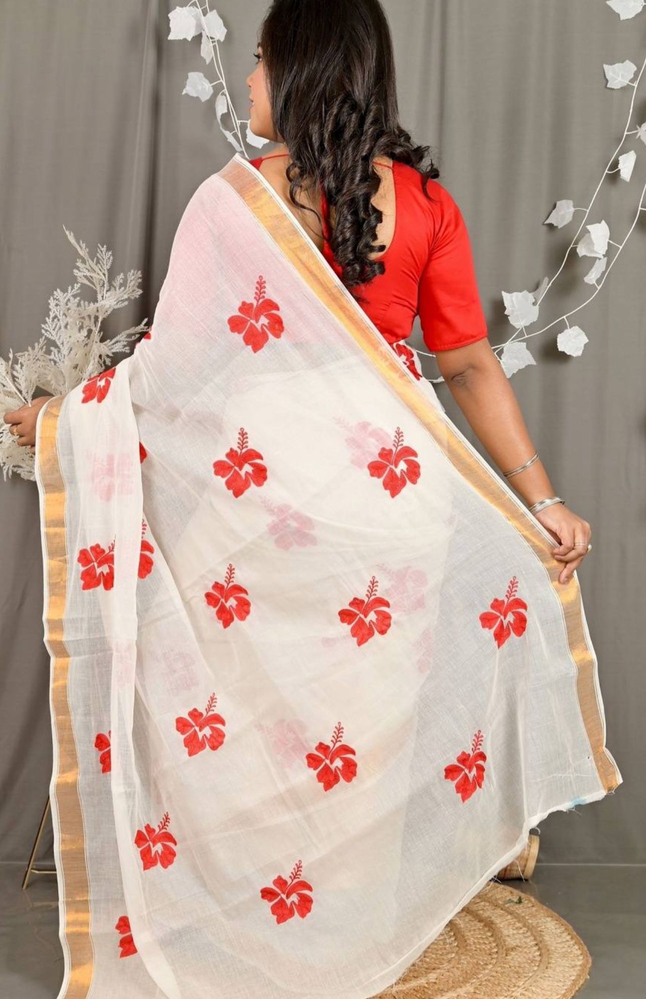 Floral Pure Cotton Kasavu Saree in Germany(Onam Saree)