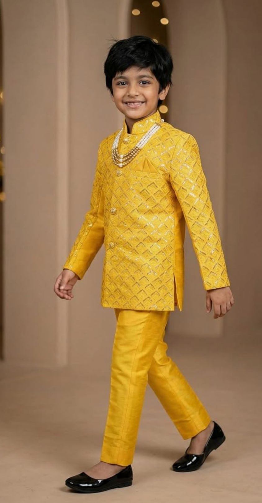 Silk Blend Geometric Embroidered Indo Western Sherwani Set with Trousers and Mala in Germany