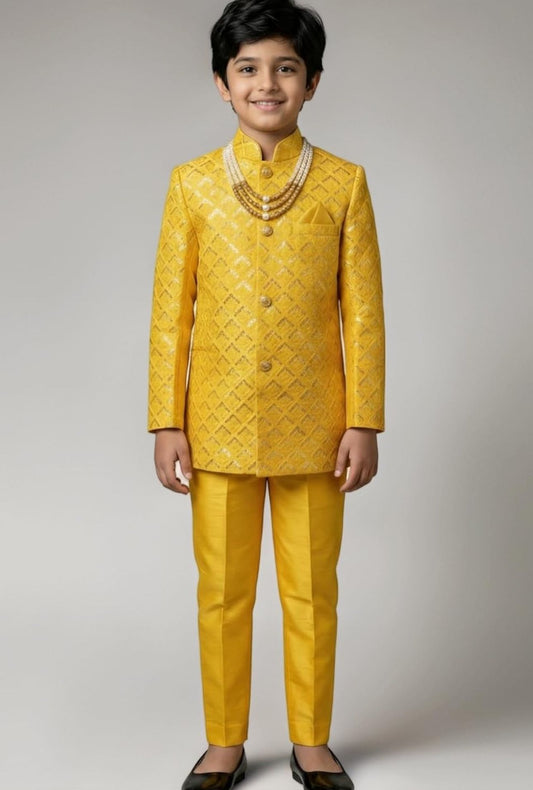 Silk Blend Geometric Embroidered Indo Western Sherwani Set with Trousers and Mala in Germany