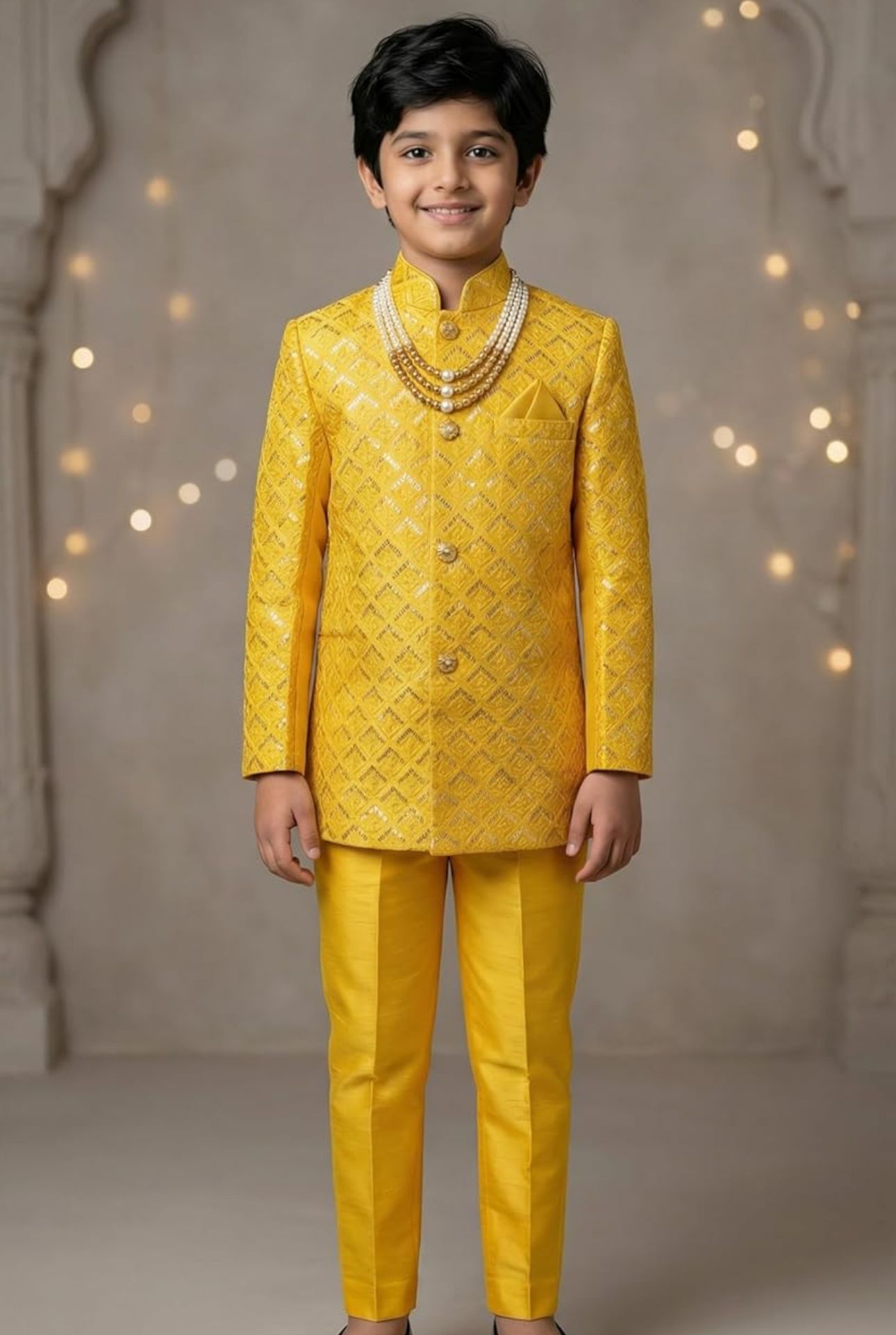 Silk Blend Geometric Embroidered Indo Western Sherwani Set with Trousers and Mala in Germany