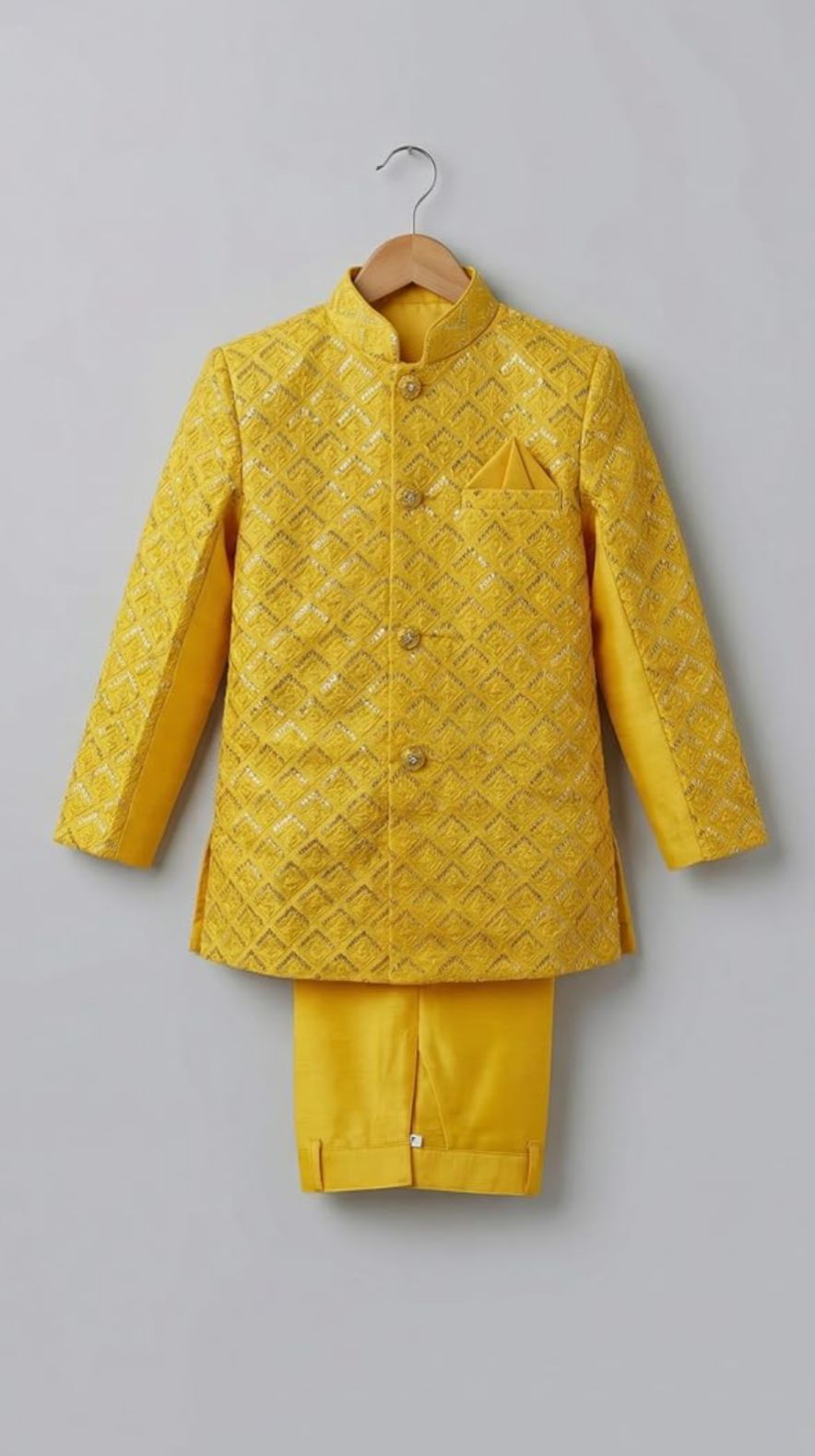 Silk Blend Geometric Embroidered Indo Western Sherwani Set with Trousers and Mala in Germany