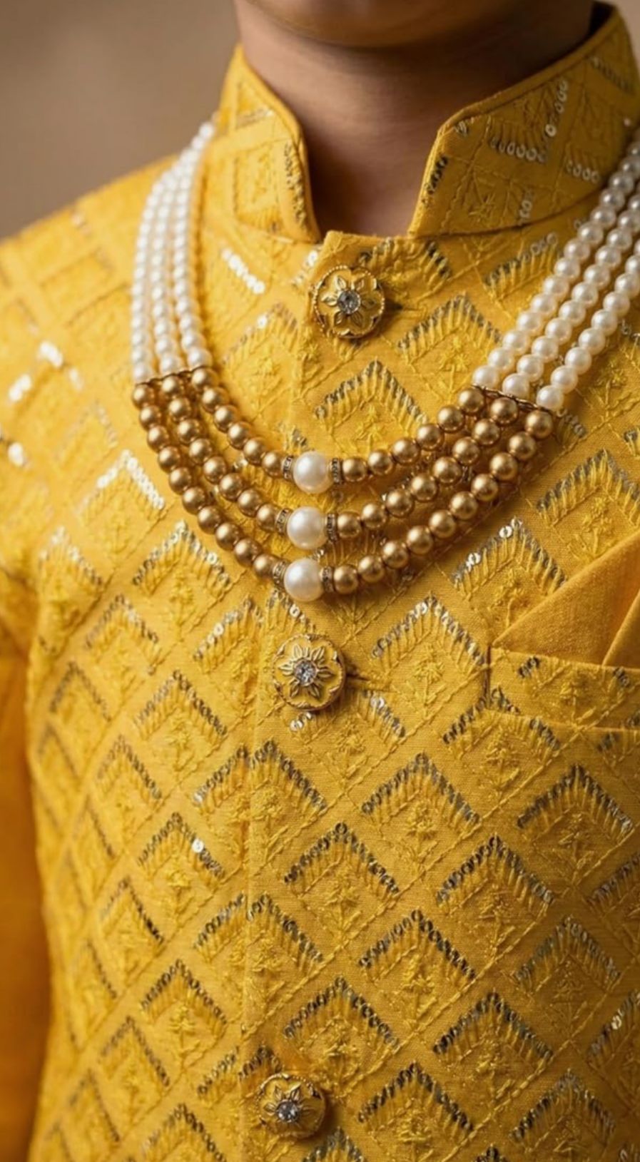 Silk Blend Geometric Embroidered Indo Western Sherwani Set with Trousers and Mala in Germany