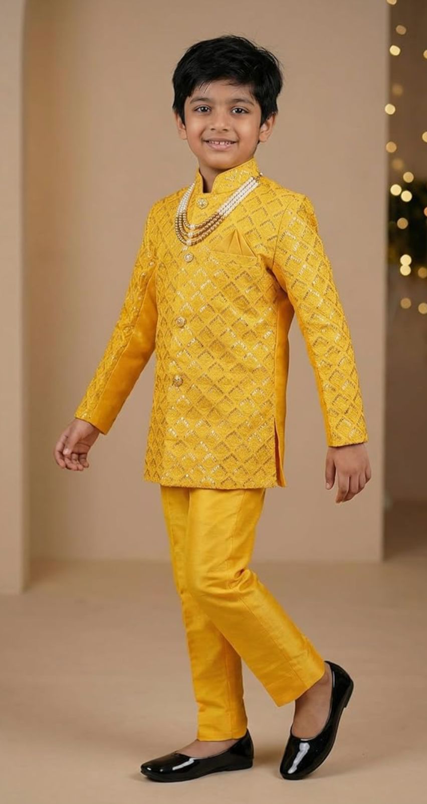 Silk Blend Geometric Embroidered Indo Western Sherwani Set with Trousers and Mala in Germany