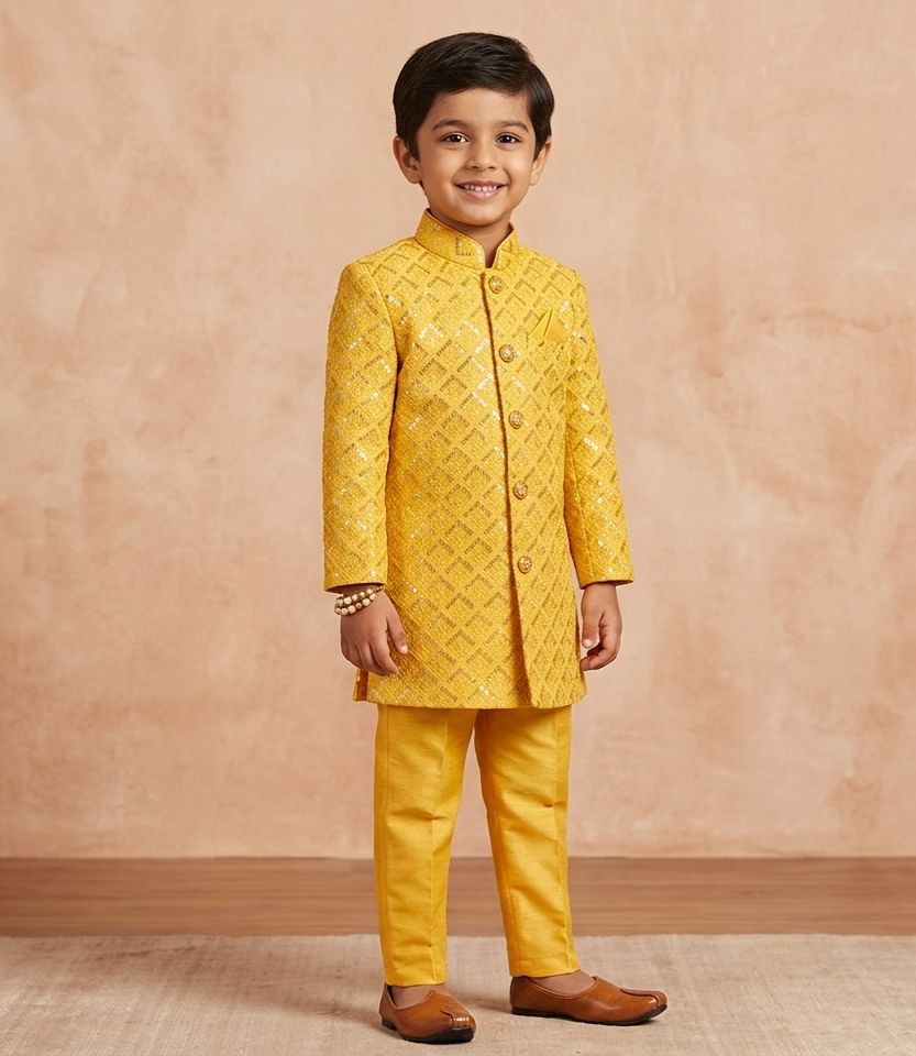 Silk Blend Geometric Embroidered Indo Western Sherwani Set with Trousers and Mala in Germany