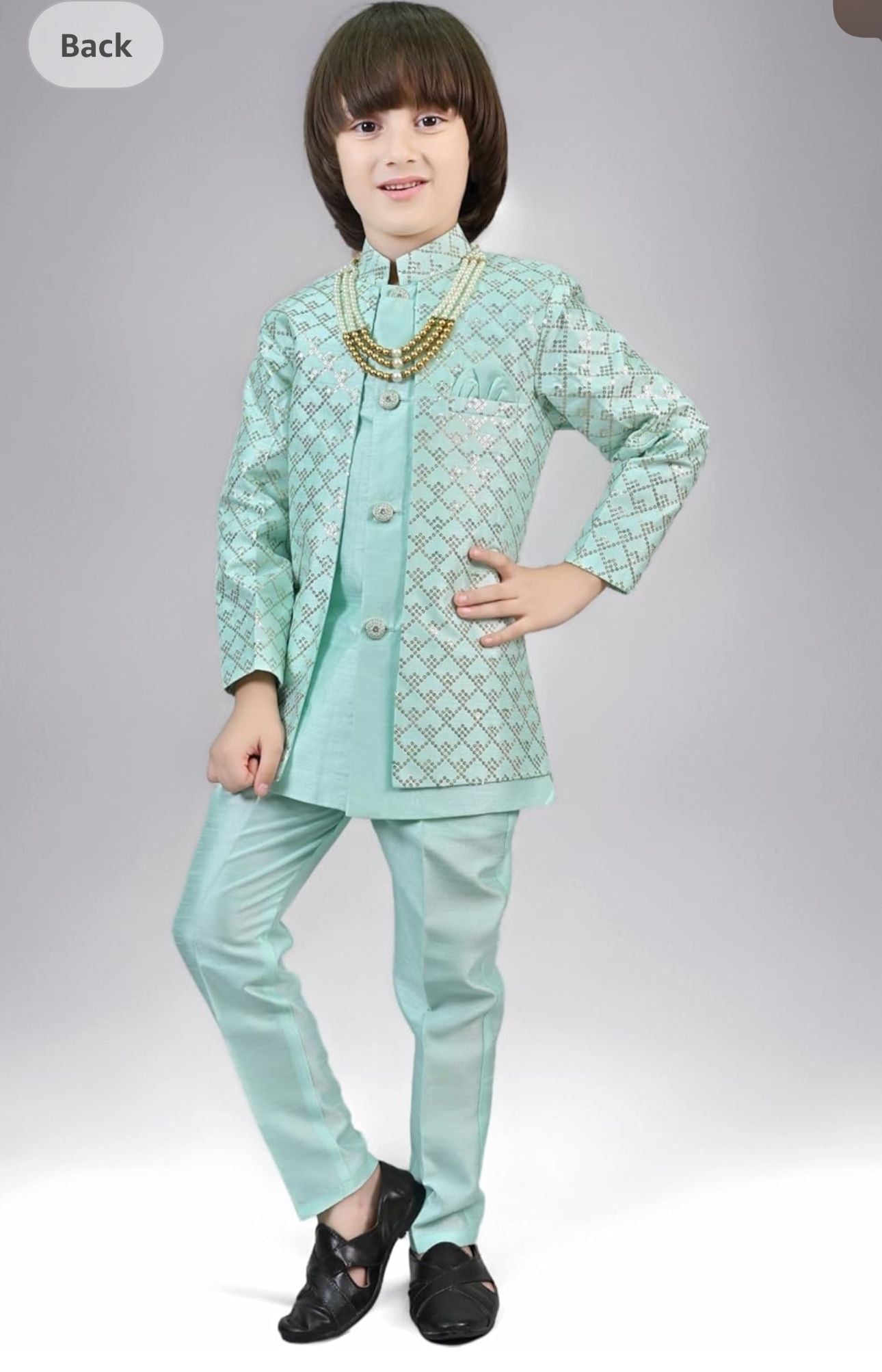 Sky blue Silk Blend Geometric Embroidered Indo Western Sherwani Set with Trousers and Mala in Germany