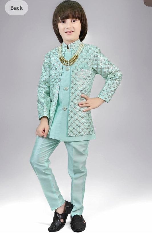 Sky blue Silk Blend Geometric Embroidered Indo Western Sherwani Set with Trousers and Mala embroidery and fabric detail - Neha Couture Indian Fashion