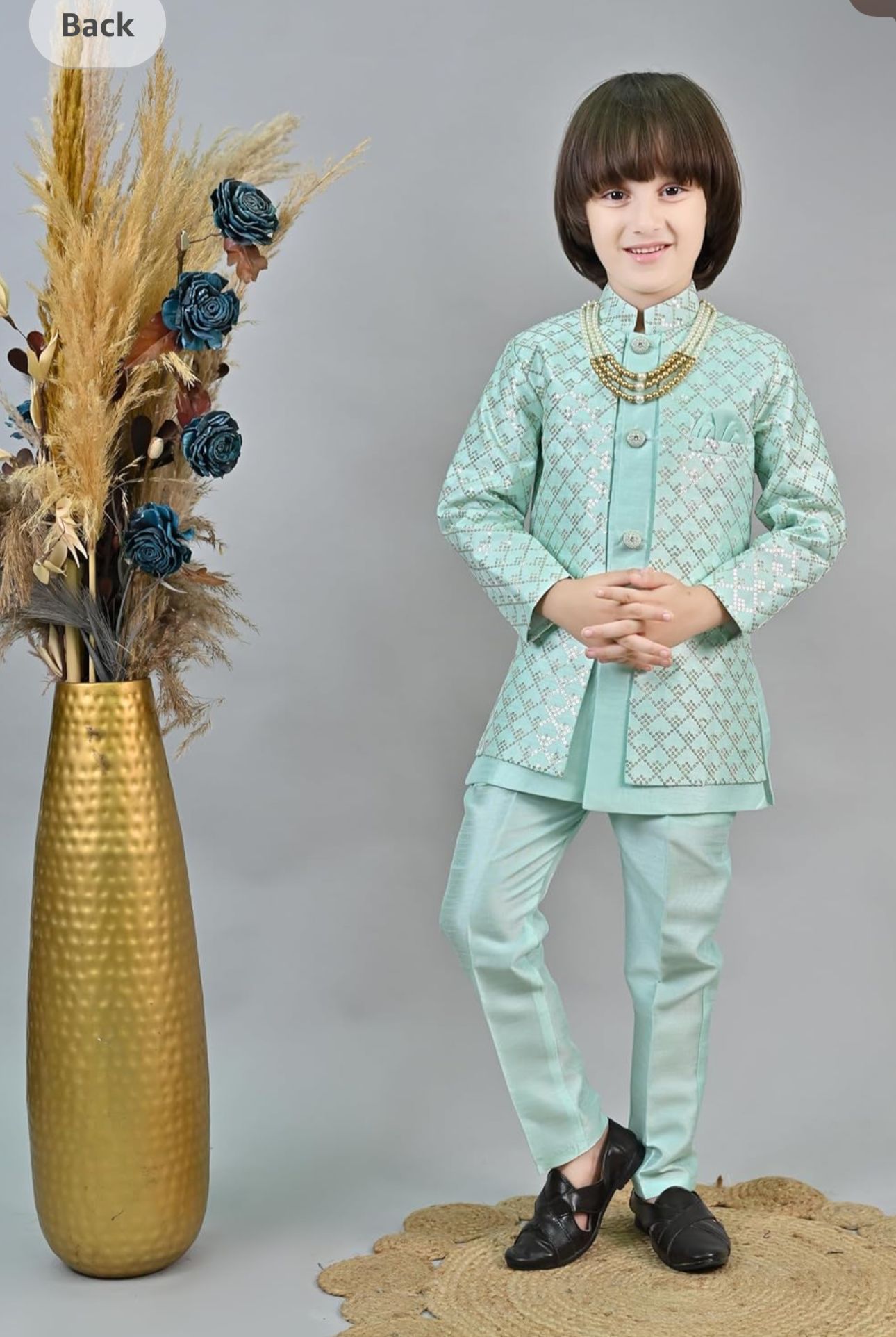 Sky blue Silk Blend Geometric Embroidered Indo Western Sherwani Set with Trousers and Mala in Germany