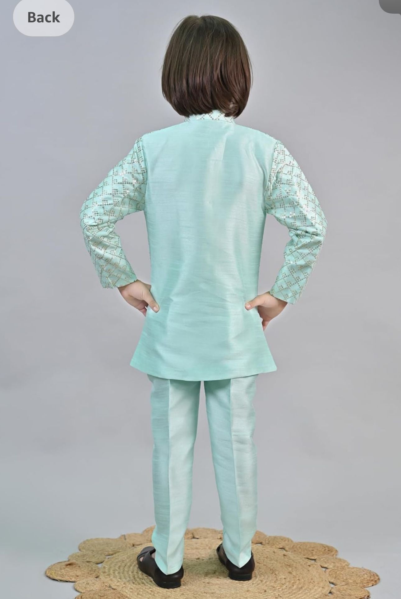 Sky blue Silk Blend Geometric Embroidered Indo Western Sherwani Set with Trousers and Mala in Germany