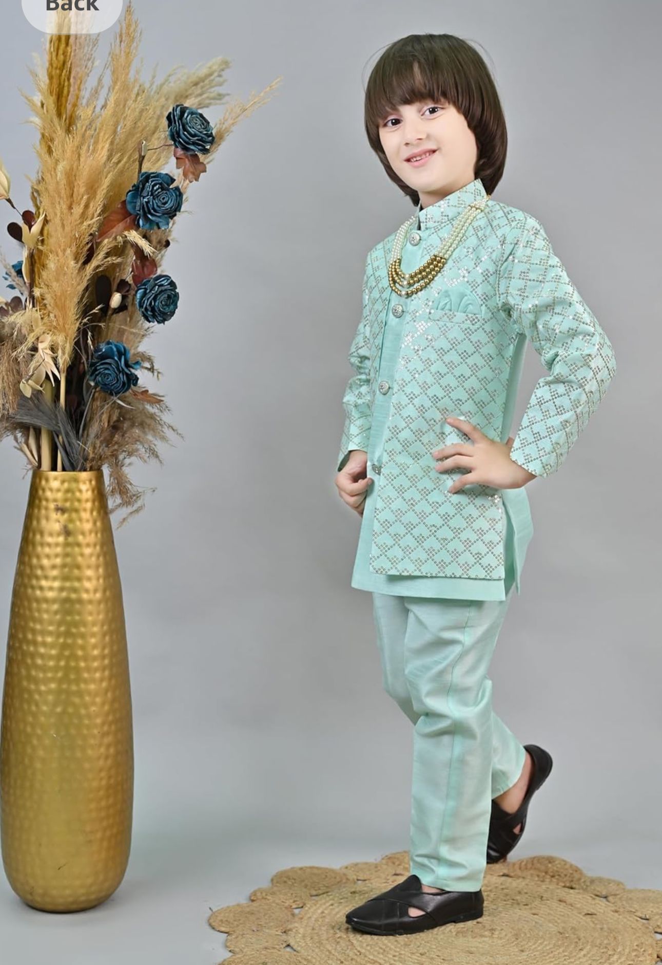 Sky blue Silk Blend Geometric Embroidered Indo Western Sherwani Set with Trousers and Mala in Germany