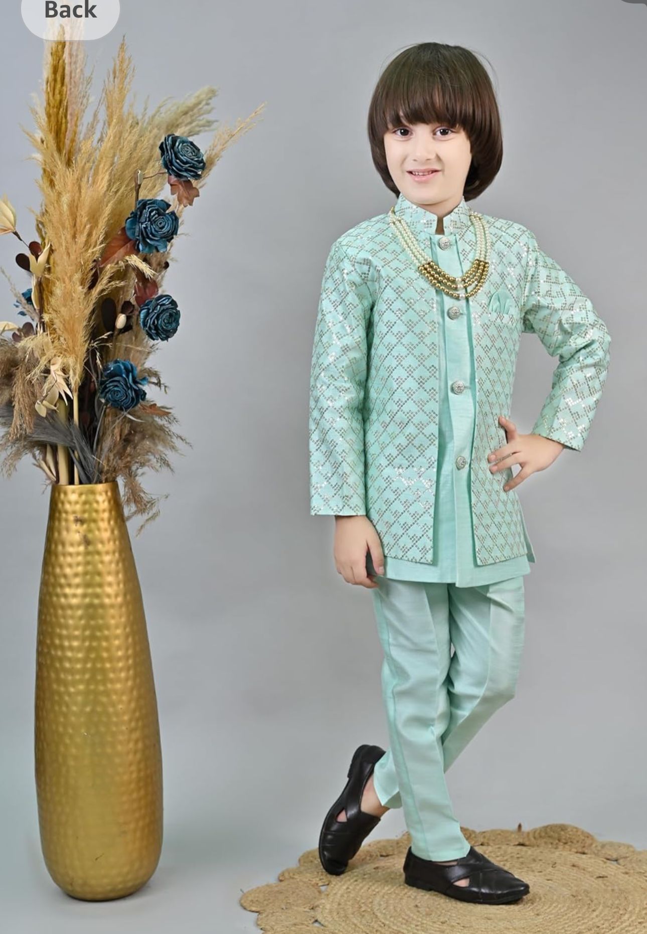 Sky blue Silk Blend Geometric Embroidered Indo Western Sherwani Set with Trousers and Mala in Germany