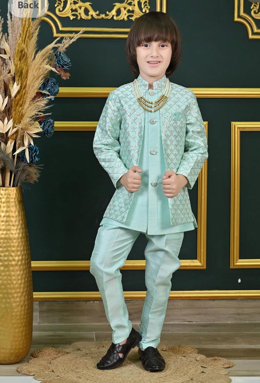 Sky blue Silk Blend Geometric Embroidered Indo Western Sherwani Set with Trousers and Mala in Germany