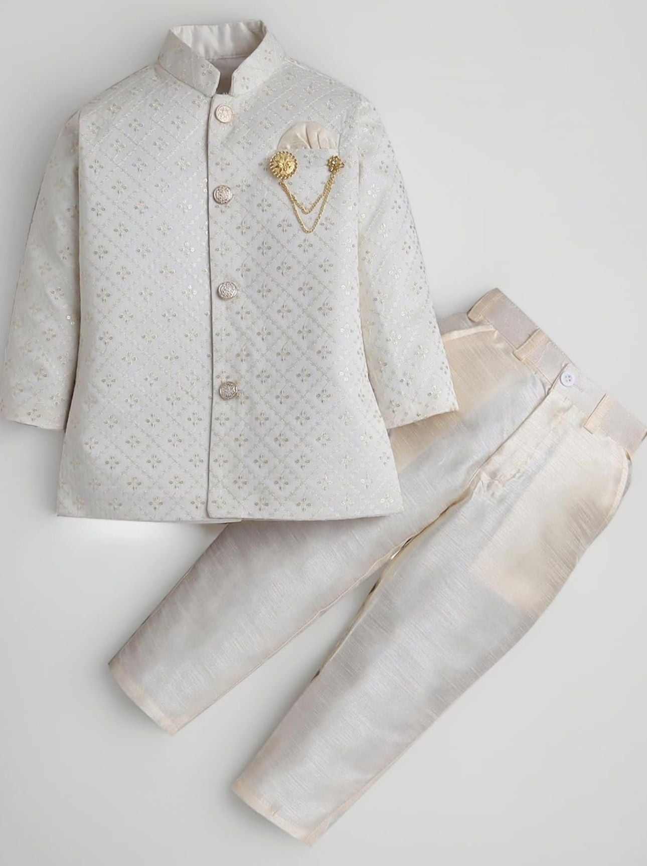 White Silk Blend Geometric Embroidered Indo Western Sherwani Set with Trousers and Mala in Germany