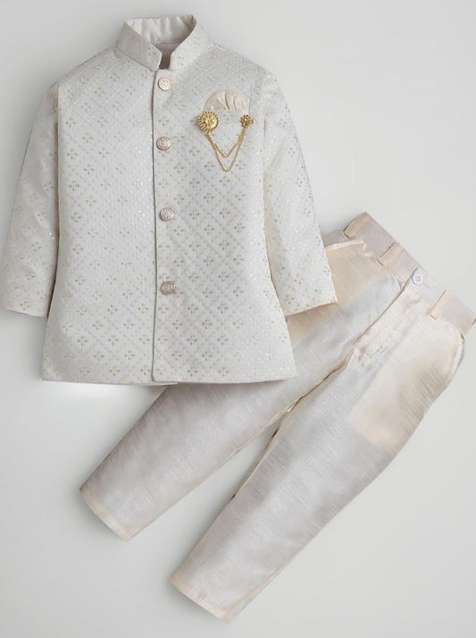 White Silk Blend Geometric Embroidered Indo Western Sherwani Set with Trousers and Mala in Germany