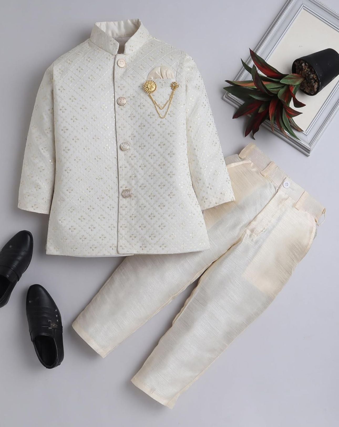 White Silk Blend Geometric Embroidered Indo Western Sherwani Set with Trousers and Mala in Germany