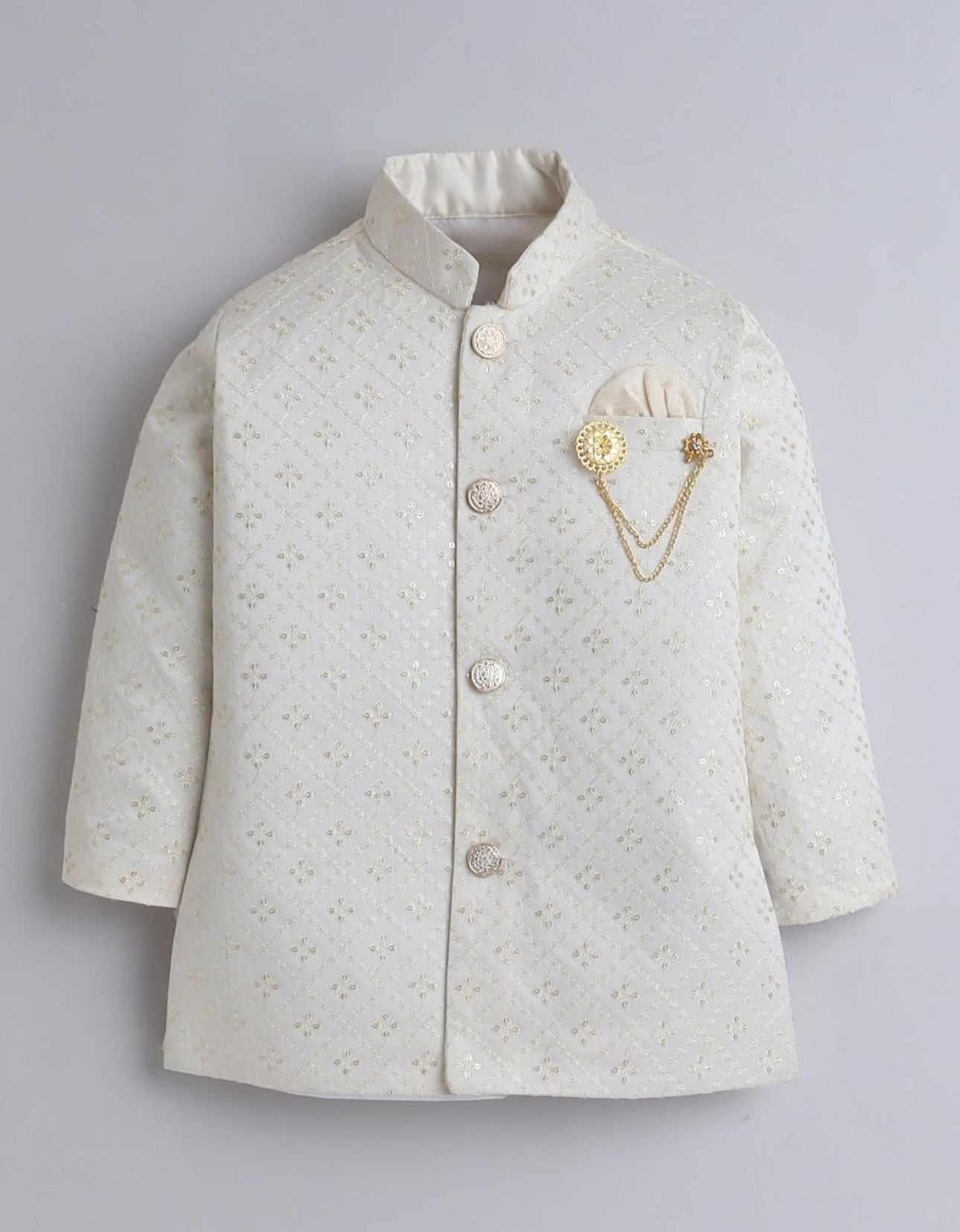 White Silk Blend Geometric Embroidered Indo Western Sherwani Set with Trousers and Mala in Germany