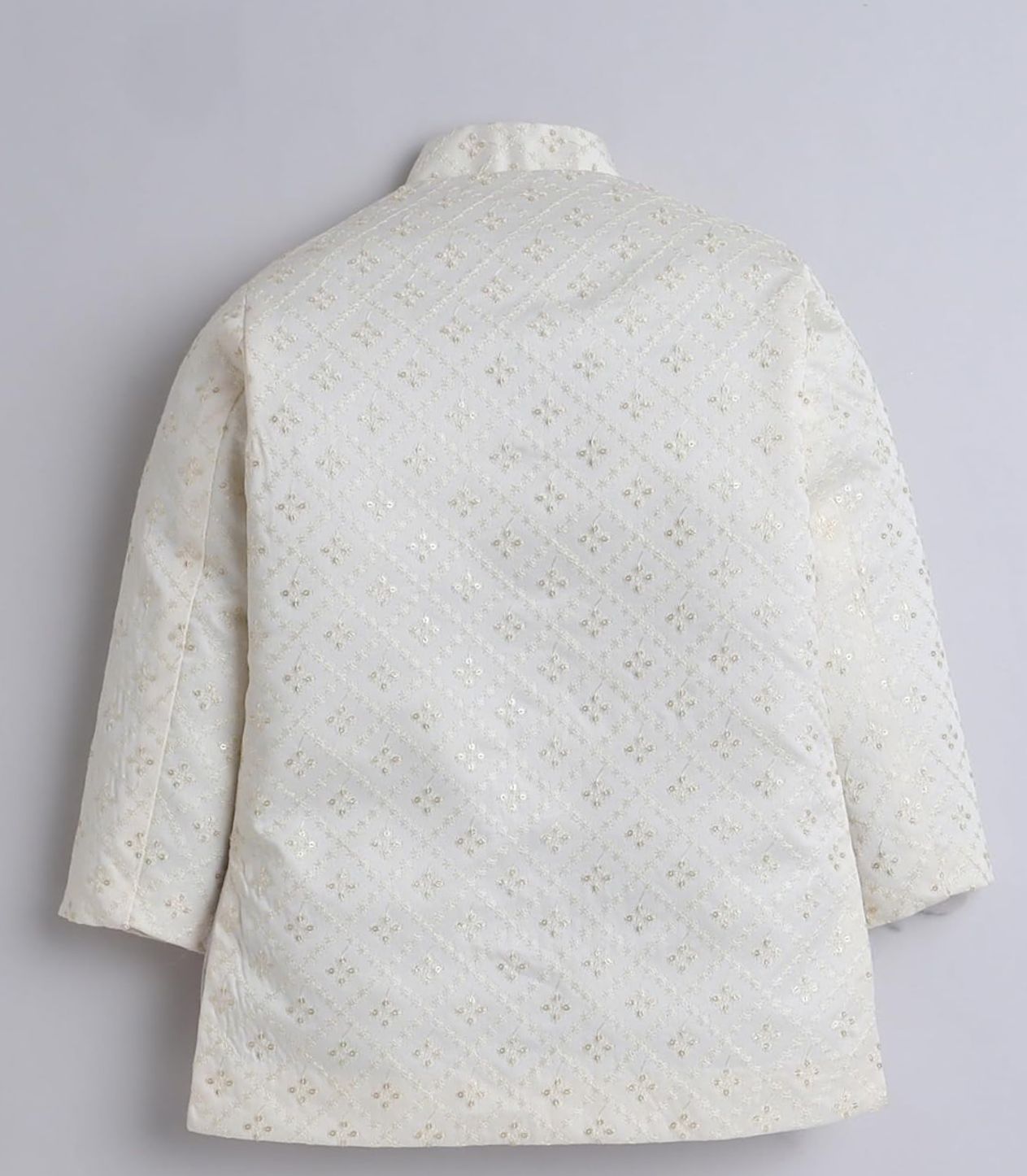 White Silk Blend Geometric Embroidered Indo Western Sherwani Set with Trousers and Mala in Germany