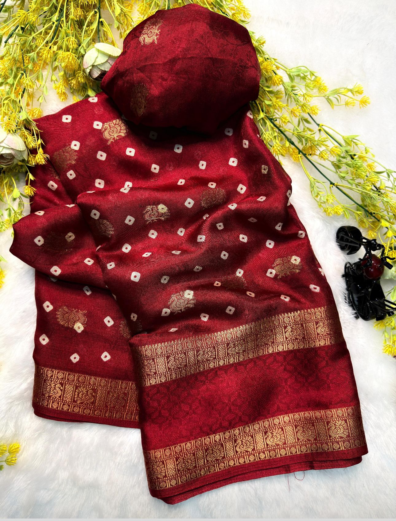 Crepe Muga Silk Saree Bandhani Pattern All Over Rich Kanjivaram Border Floral Printed Pallu With Blouse Piece in Germany