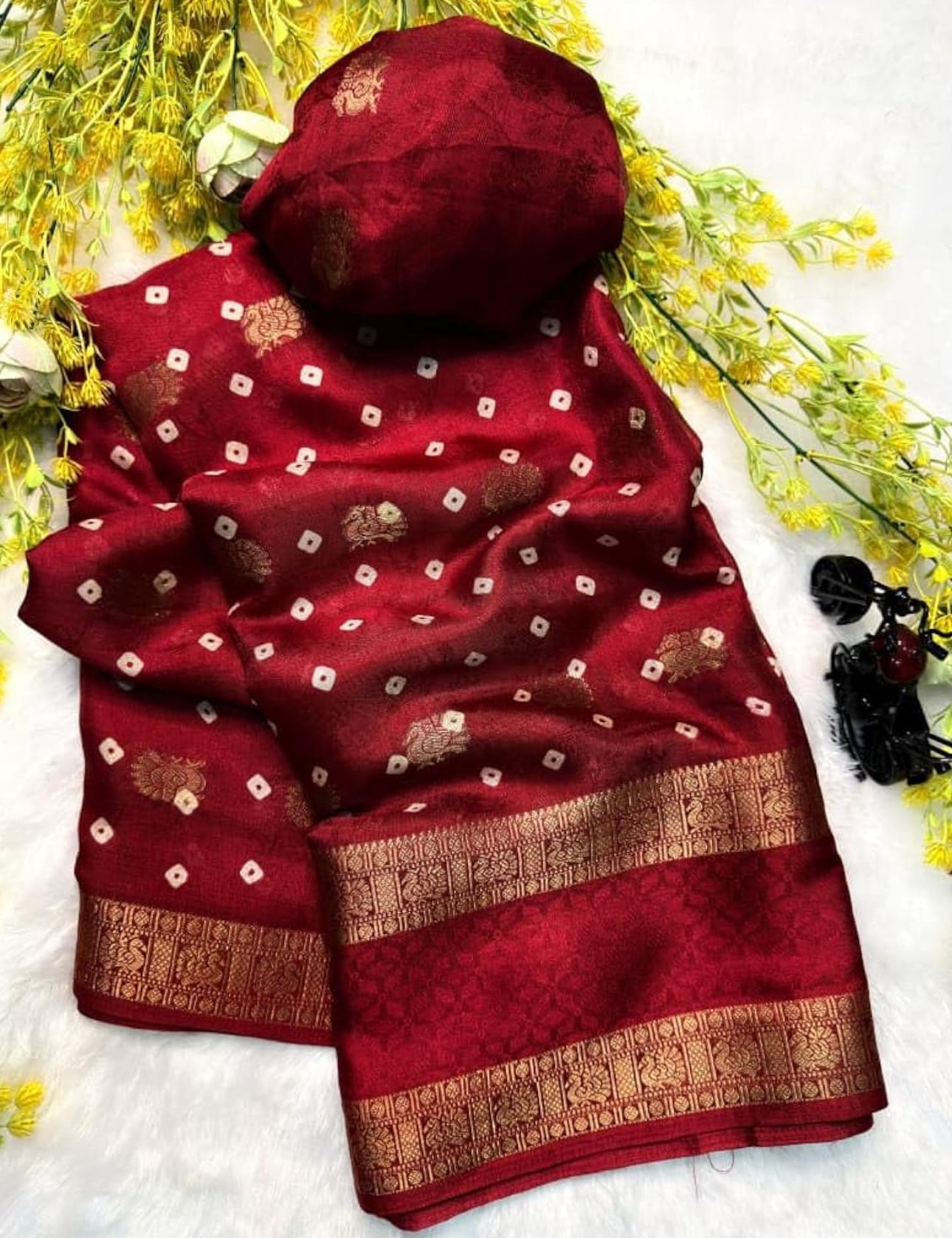 Crepe Muga Silk Saree Bandhani Pattern All Over Rich Kanjivaram Border Floral Printed Pallu With Blouse Piece in Germany