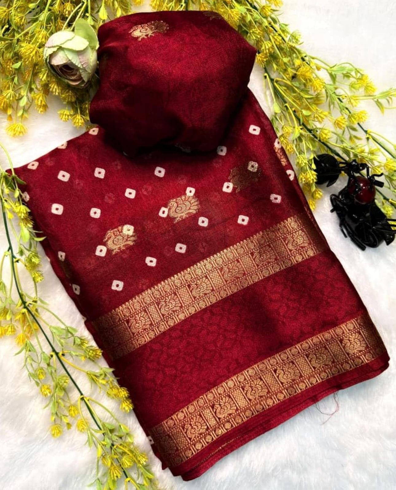 Crepe Muga Silk Saree Bandhani Pattern All Over Rich Kanjivaram Border Floral Printed Pallu With Blouse Piece in Germany