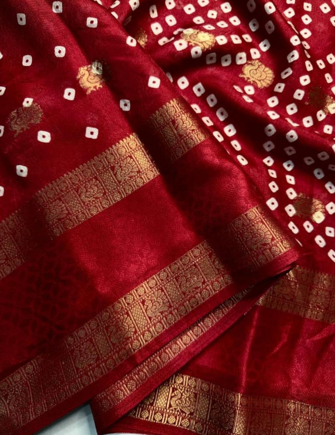 Crepe Muga Silk Saree Bandhani Pattern All Over Rich Kanjivaram Border Floral Printed Pallu With Blouse Piece in Germany