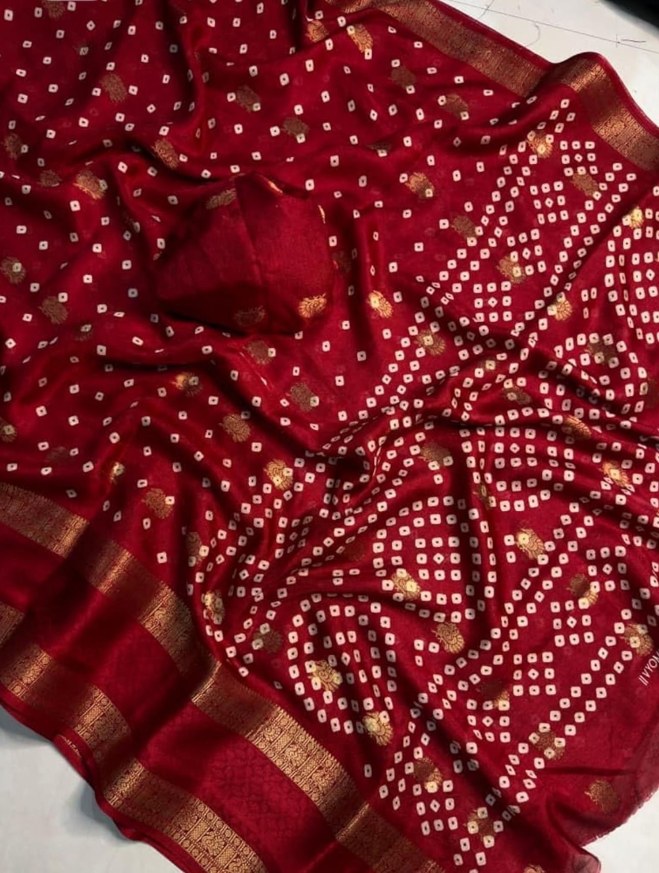 Crepe Muga Silk Saree Bandhani Pattern All Over Rich Kanjivaram Border Floral Printed Pallu With Blouse Piece in Germany