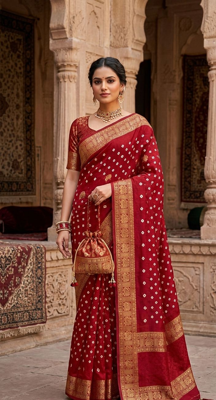Crepe Muga Silk Saree Bandhani Pattern All Over Rich Kanjivaram Border Floral Printed Pallu With Blouse Piece in Germany