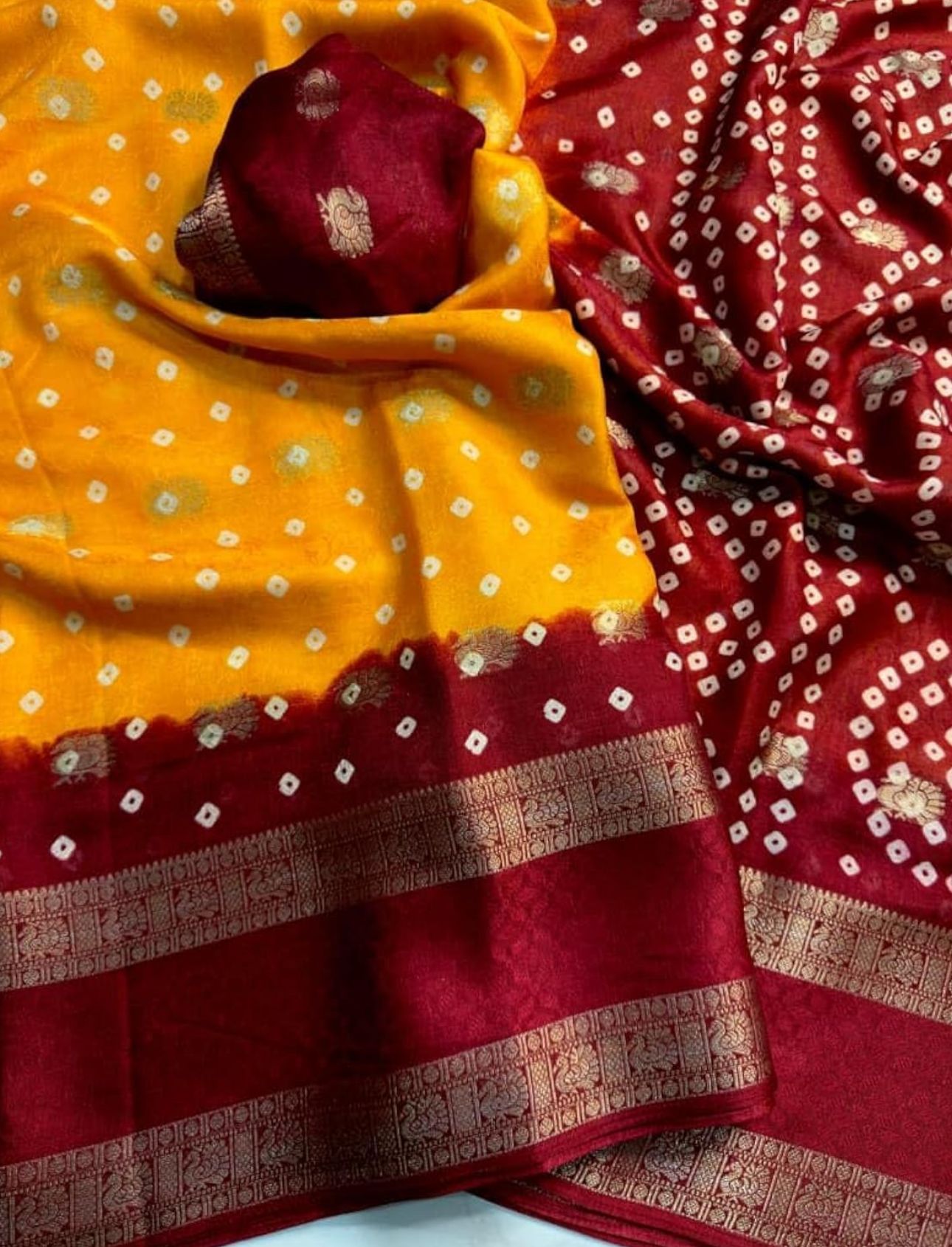 Crepe Muga Silk Saree Bandhani Pattern All Over Rich Kanjivaram Border Floral Printed Pallu With Blouse Piece in Germany