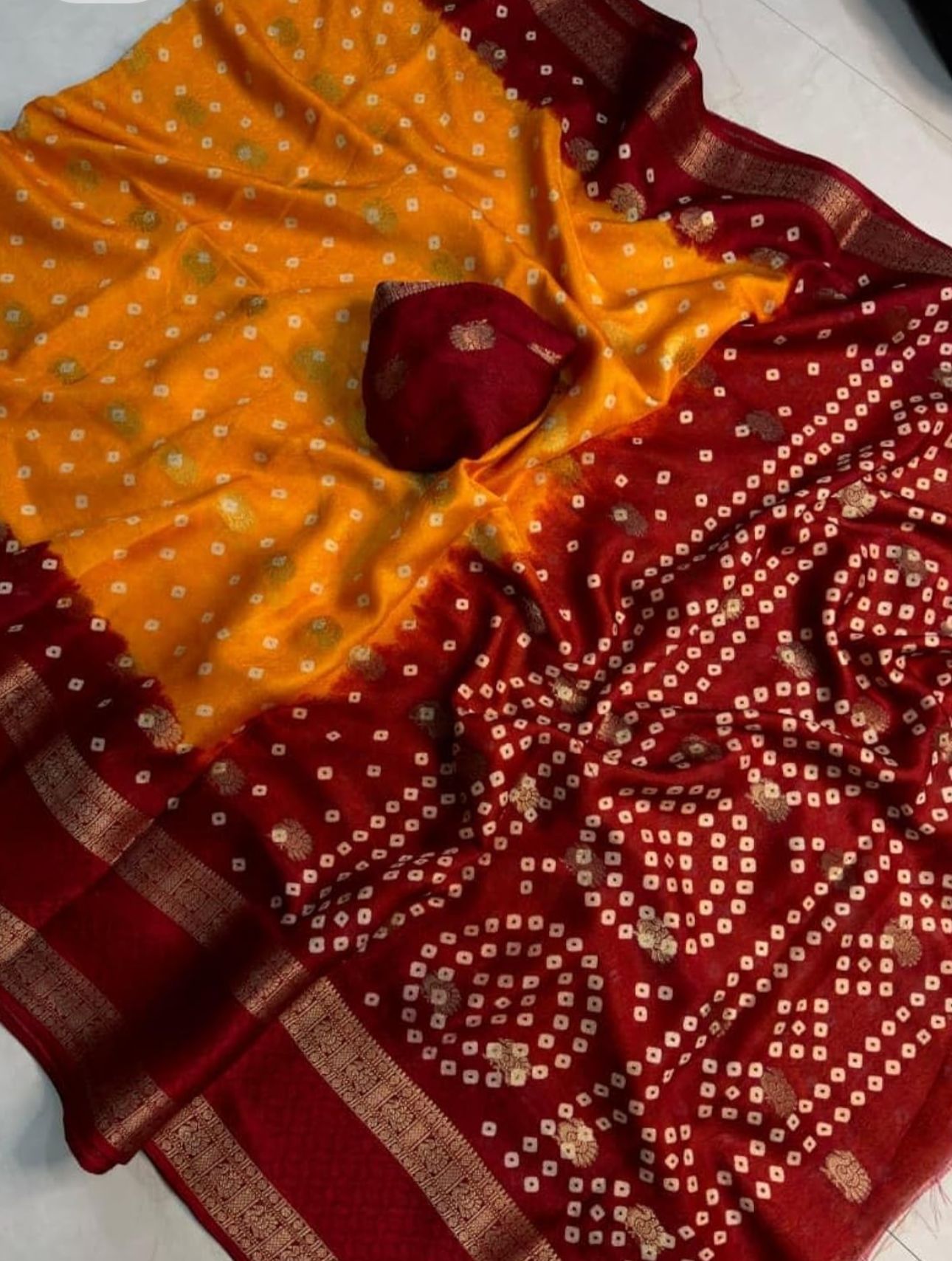 Crepe Muga Silk Saree Bandhani Pattern All Over Rich Kanjivaram Border Floral Printed Pallu With Blouse Piece in Germany