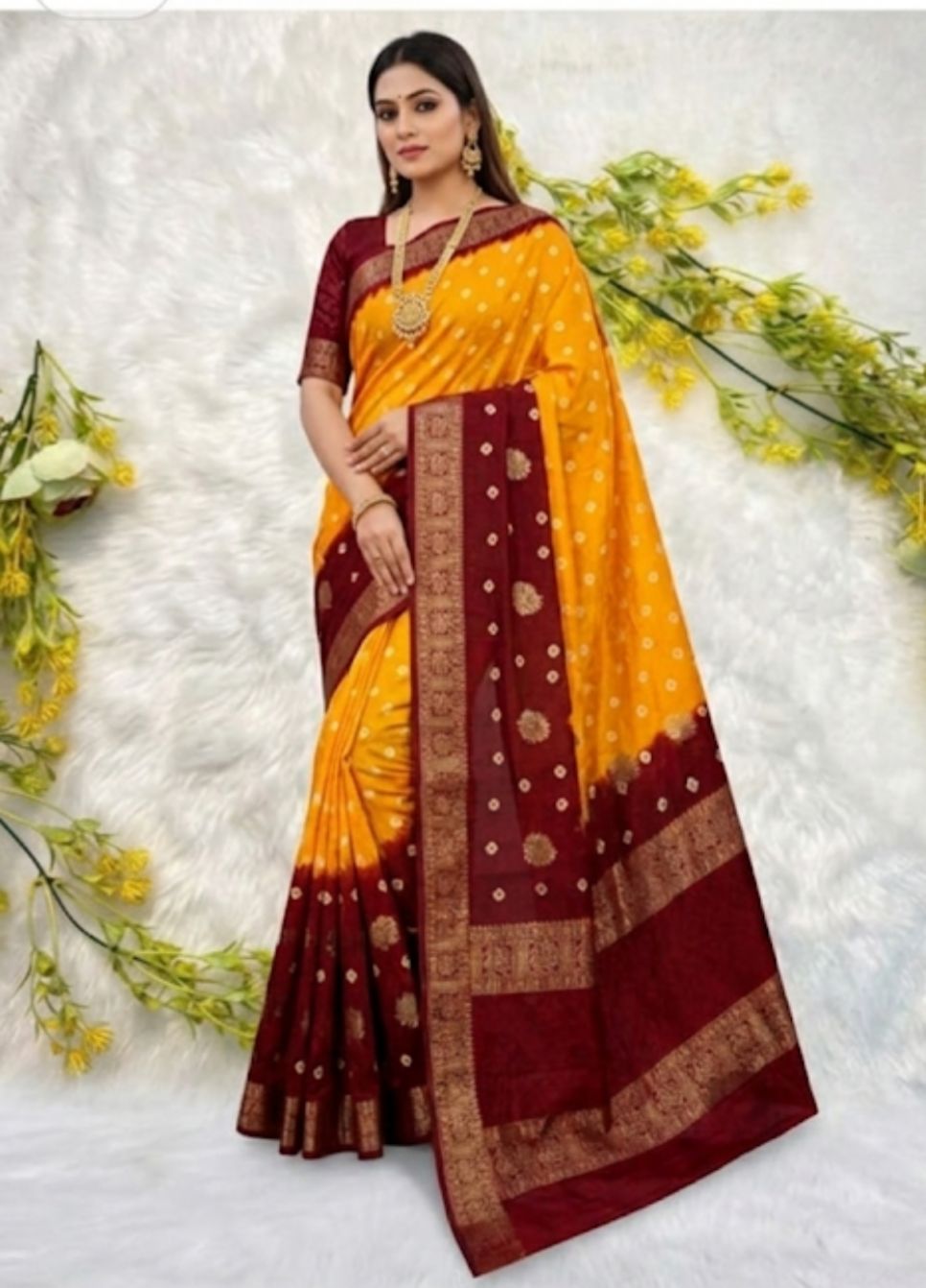 Crepe Muga Silk Saree Bandhani Pattern All Over Rich Kanjivaram Border Floral Printed Pallu With Blouse Piece in Germany