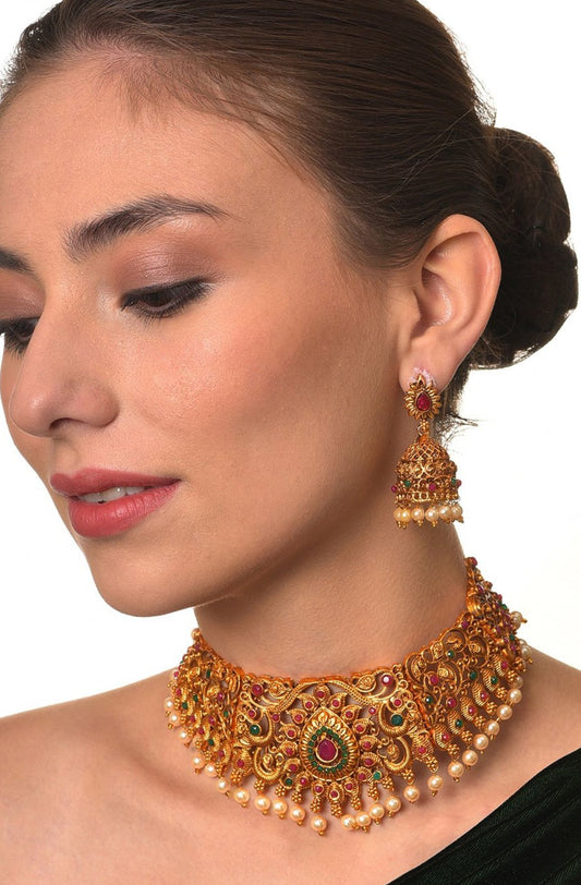 Gold-Plated & Pink Stone Studded Temple Jewellery Set in Germany