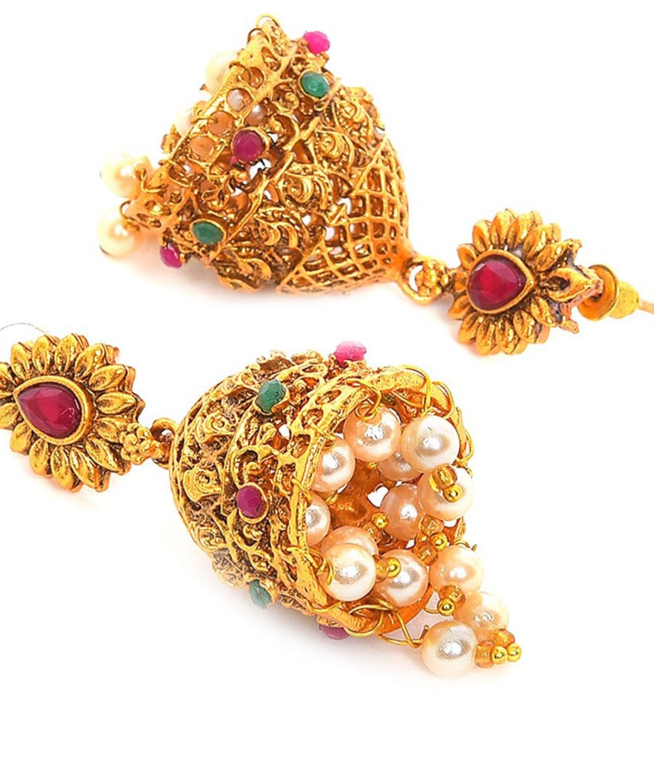 Gold-Plated & Pink Stone Studded Temple Jewellery Set in Germany