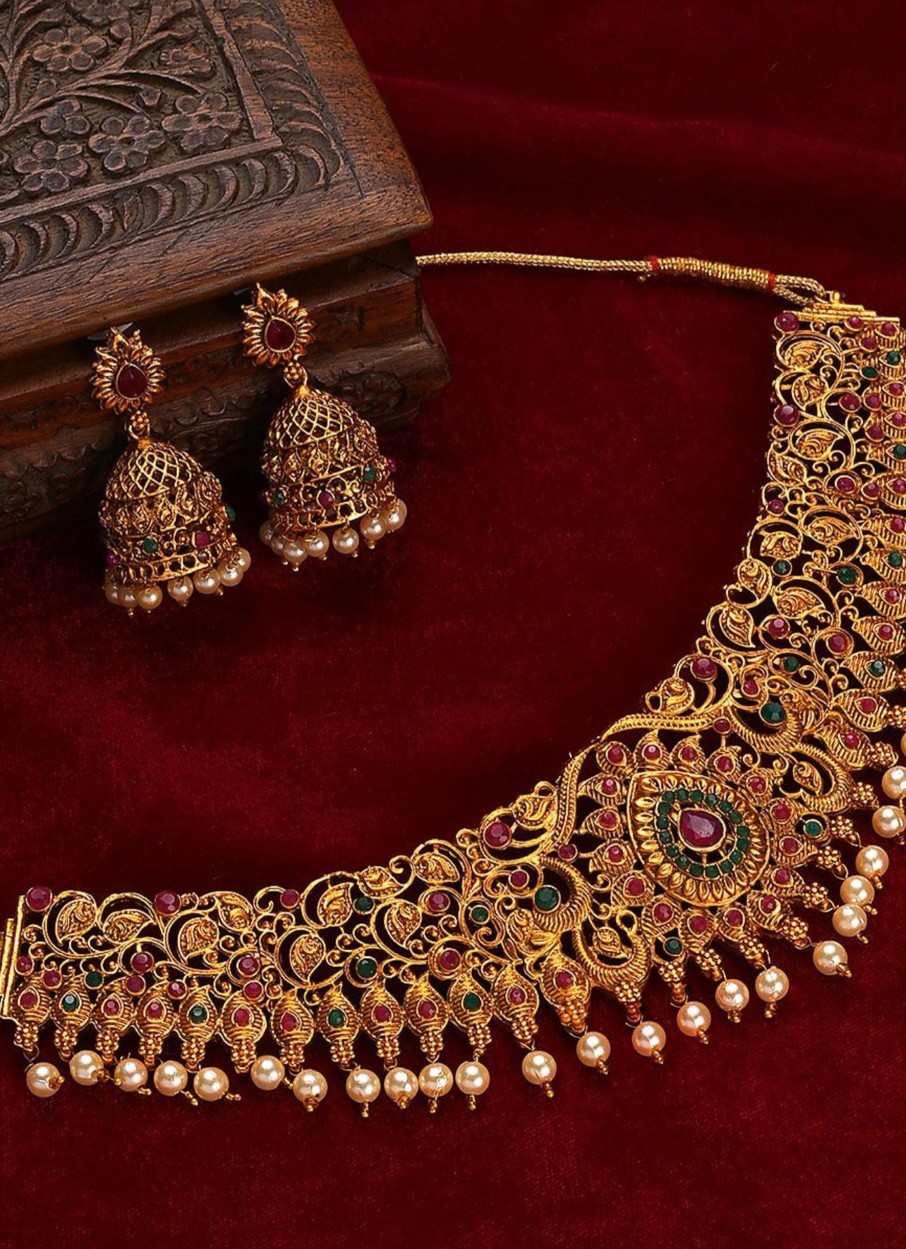 Gold-Plated & Pink Stone Studded Temple Jewellery Set in Germany