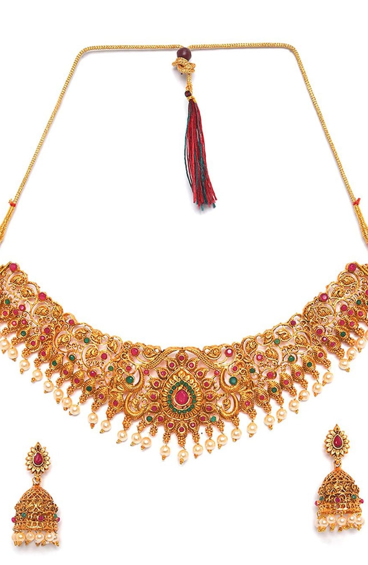 Gold-Plated & Pink Stone Studded Temple Jewellery Set in Germany
