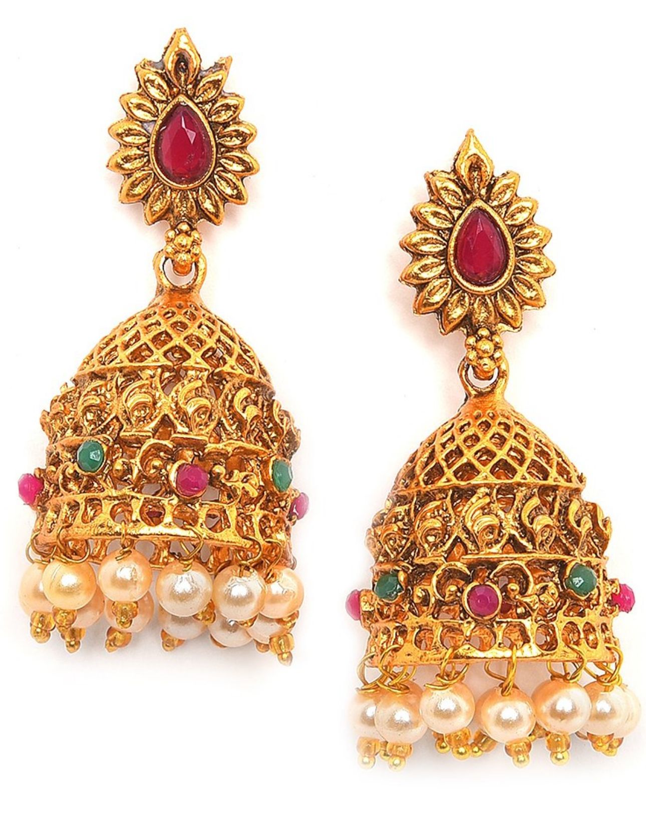 Gold-Plated & Pink Stone Studded Temple Jewellery Set in Germany